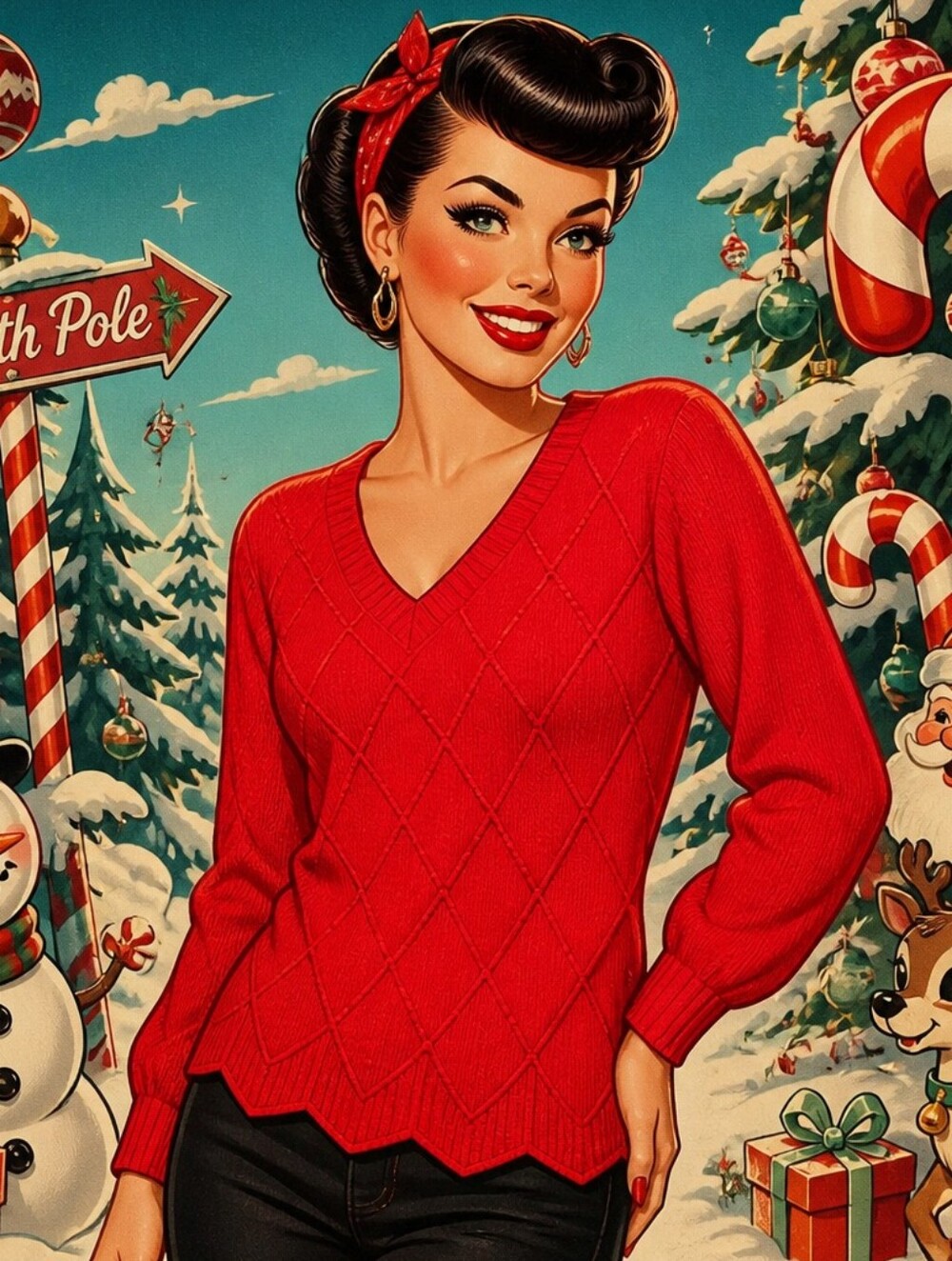 Red V-Neck Cable Knit Women's Sweater